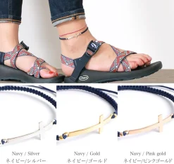 CHALISA T.. / Flattened Silver Cross Knotted Cord Anklet