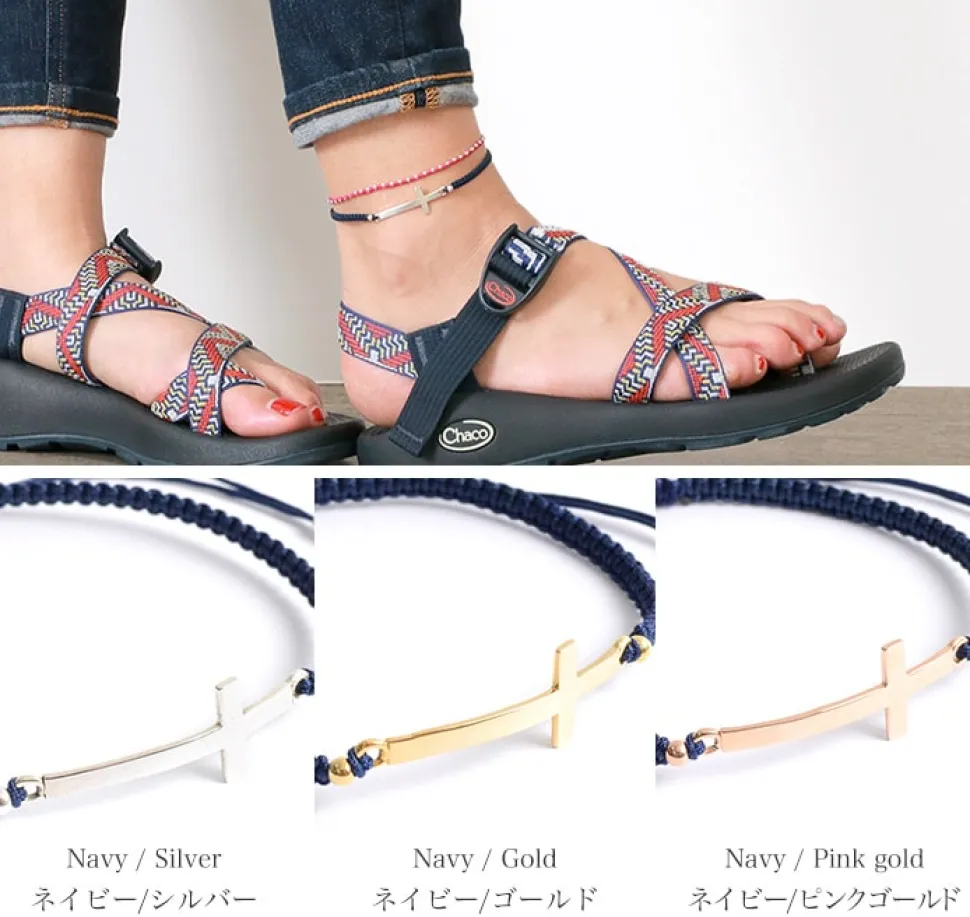 CHALISA T.. / Flattened Silver Cross Knotted Cord Anklet