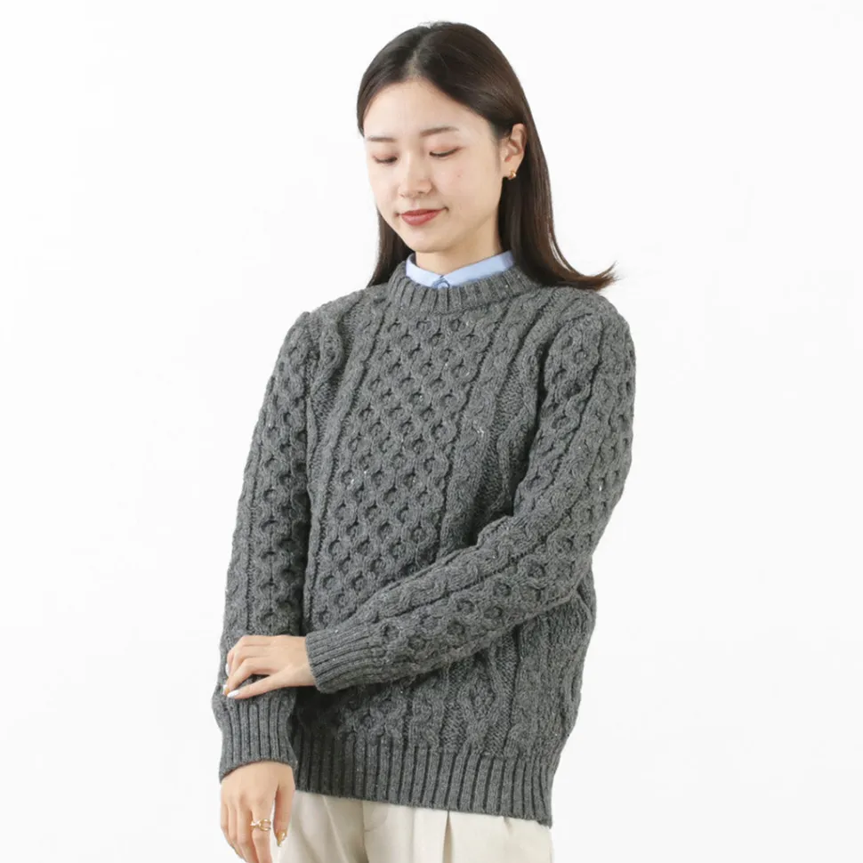 KERRY WOOLLEN MILLS / 5 gauge 3-ply aran cable crew neck heavy knit