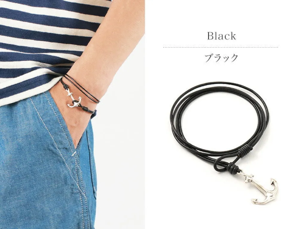 PHADUA / Anchor Leather Wrap Bracelet / Silver