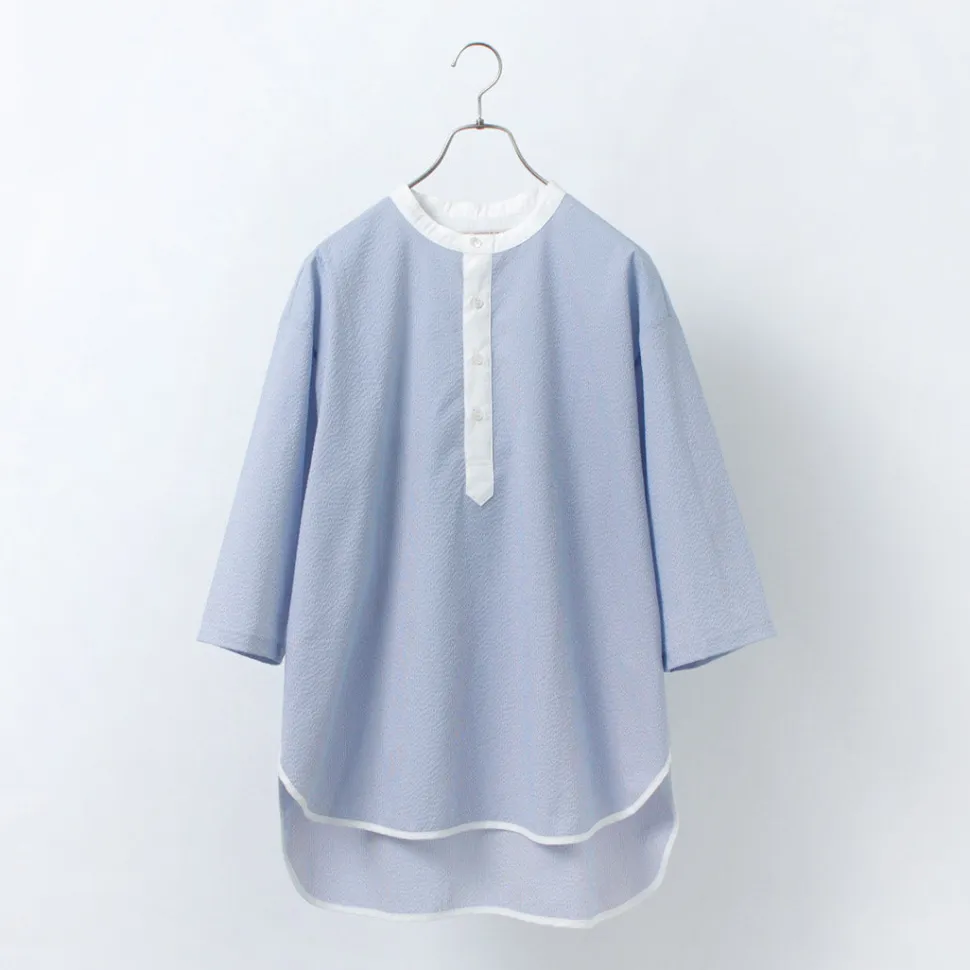 ROCOCO / Woven seersucker henley neck T-shirt
